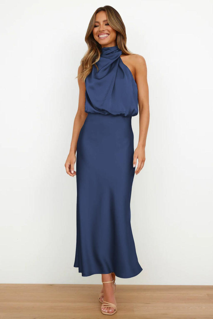 Valeria™ | Satin Maxi Dress with Halter Neckline